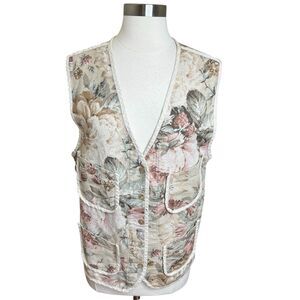 Vintage Karen Kane Vest Womens Medium Neutral Linen Cotton Floral Cottagecore